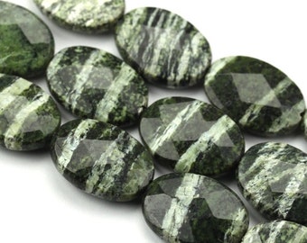 Beads Gemstone Green Silver Line Jasper 18x13mm Faceted Oval 3.5 inch strand (5) GM008