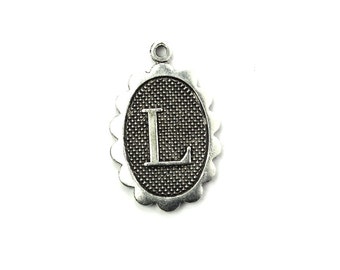 Letter L Initial Charm Scalloped Oval Silver Ox (2) CP313