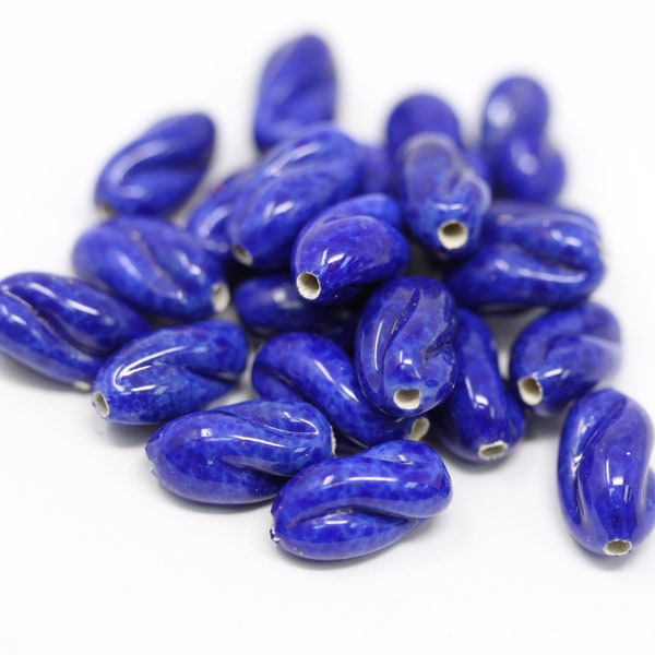 Vintage Glass Beads Cherry Brand Japanese Lampwork Bead Oval Twist 13x7mm Lapis Lazuli Blue (4) VGB145