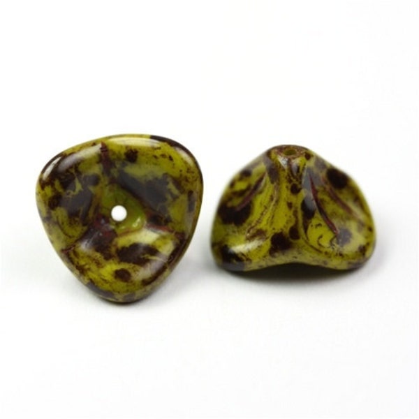 Czech Glass Bead Three Petal Flower 10x12mm Chartreuse Green Brown Picasso (12) CZP424