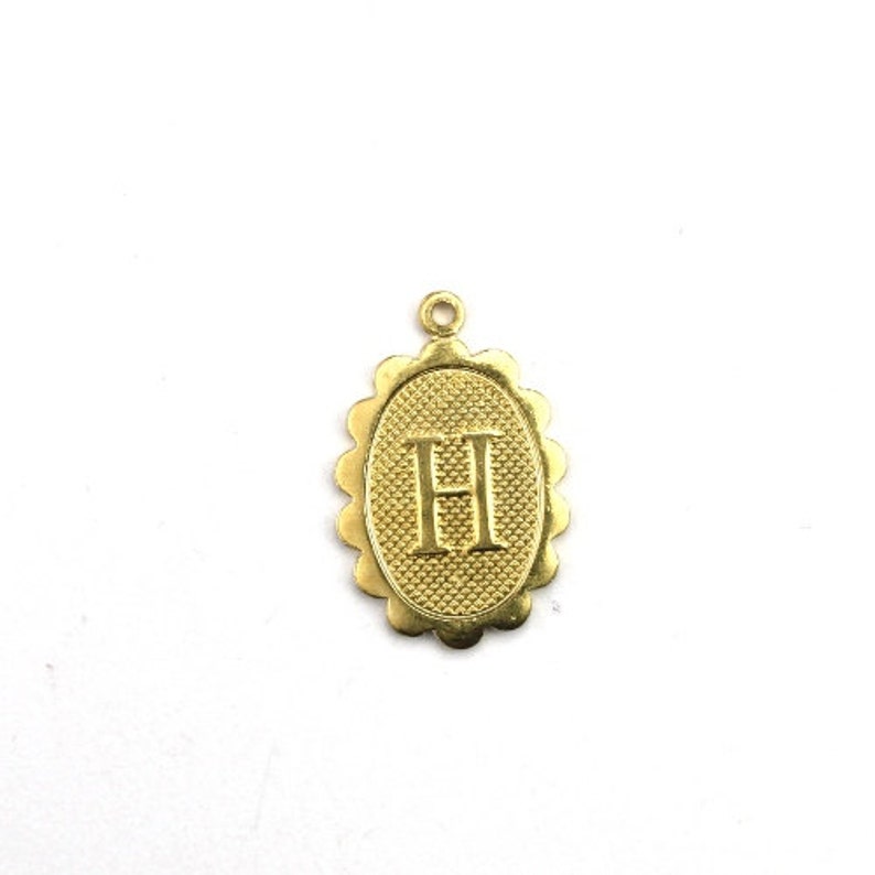 Letter H Initial Charm Scalloped Oval Raw Brass 4 CP266 image 1