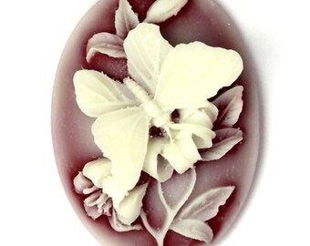 Plastic Cameos 40x30mm Butterfly and Flower Ruby / White (2) IC066