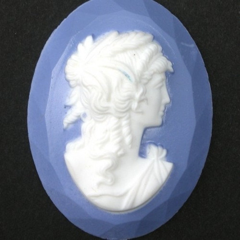 Vintage Plastic Cameo 40x30mm Blue White Flat Back VIC116 image 1