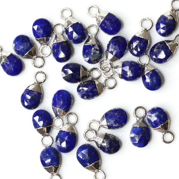 Gemstone Drop Charm Pendant Tiny Faceted Silver Plated Lapis Lazuli 8mm - 10mm (1) GM038