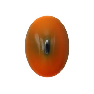 May include: An oval-shaped, orange-colored object with a dark, oval-shaped center. The object has a glossy finish and is set against a plain white background. The color transitions from orange to a darker hue near the center.