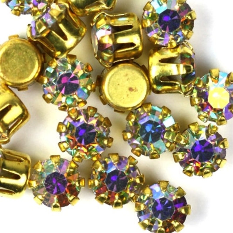 Vintage Swarovski Rhinestones Raw Brass Setting 19ss Crystal AB 10 VS013 image 2