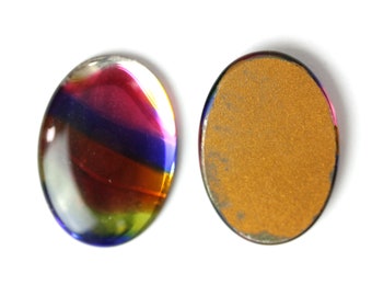 Vintage Glass Cabochons Rainbow Gold Foiled 25x18mm Oval Low Dome Oval Colorful (2) VGC474