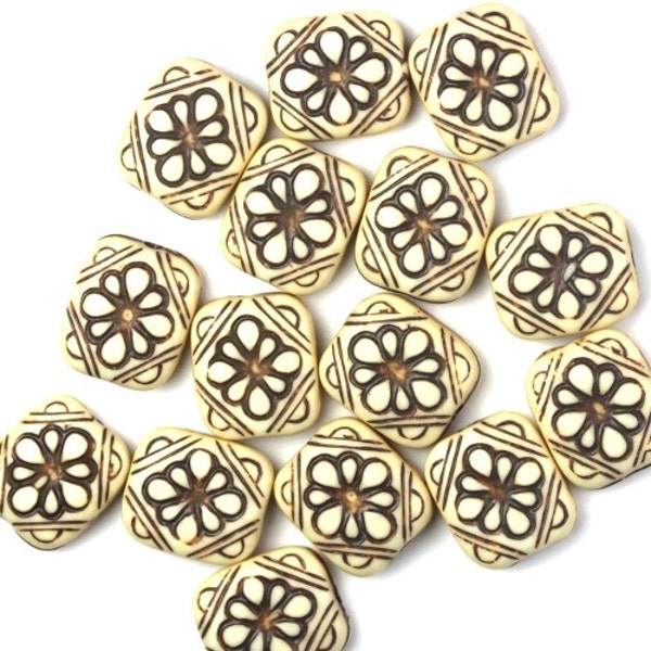 Plastic Beads Ornate Floral Flat Rectangle 12x11mm Antiqued Ivory (14) PB084