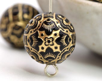 Sierlijke geëtste kralen zwart en goud acryl gesneden 14 mm bloemen (14) PB166