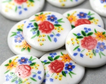 Vintage Porcelain Floral Cabochons Japanese 13.5mm Multicolor (6) VGC133