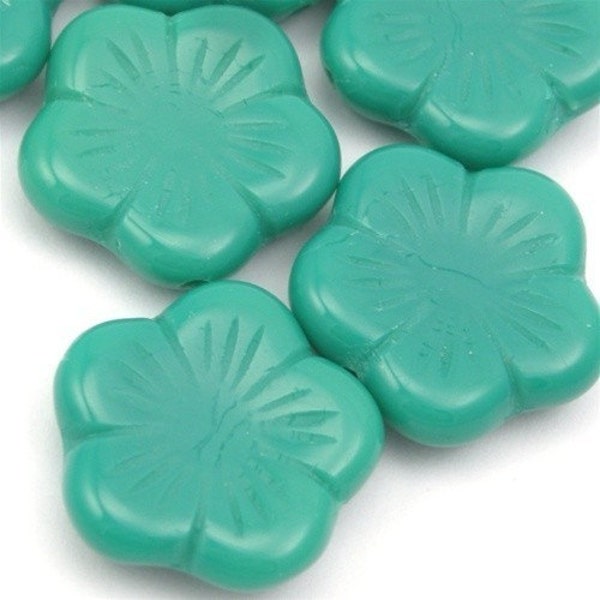 Czech Glass Bead Flat Flower 14mm Opaque Dark Turquoise (8) CZP359