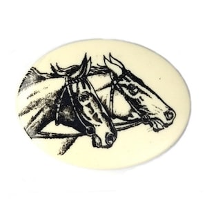 Vintage Plastic Cabochon Black Horse Decal on Cream Base 40x30mm Western Germany Equestrian (2) VIC217