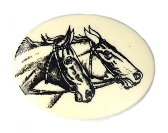 Vintage Plastic Cabochon Black Horse Decal on Cream Base 40x30mm (2) VIC217
