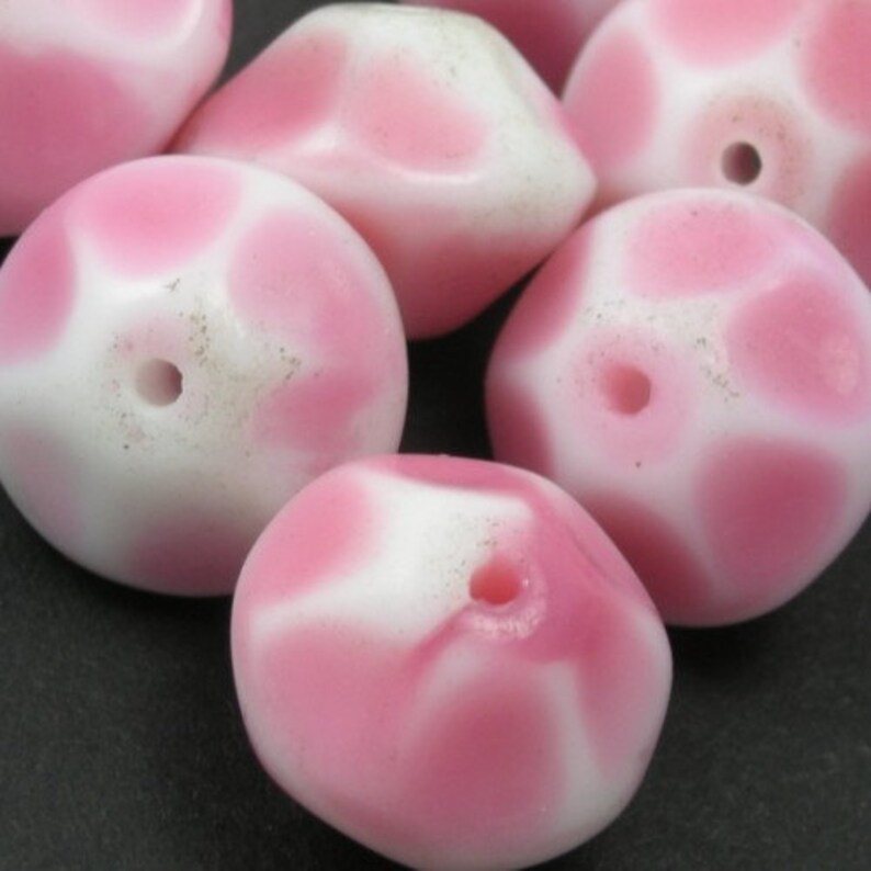 4 Vintage Glass Beads Faceted Rondelle Pink and White 12mm VGB61 image 1