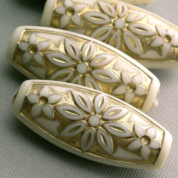 Vintage Plastic Focal Beads Ornate Floral Ivory Gold Inlay Tube Oval VPB116