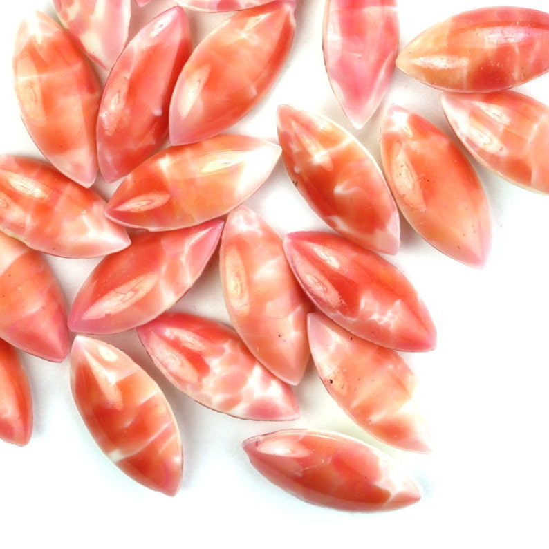 Vintage Glass Stones Pointed Back Navette 15x7mm Coral Pink and White West German 8 VGC403 image 1