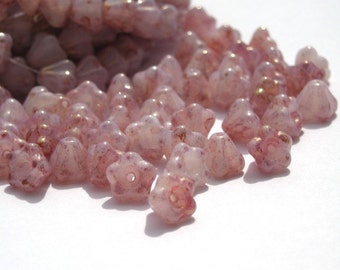 Czech Glass Beads Baby Bell Flowers 4x6mm Milky Pink Topaz Luster (50) CZP187