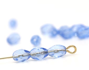 Vintage Czech Glass Oval Beads Light Sapphire Faceted 7x5mm Fire Polished Blue (20) VGB194