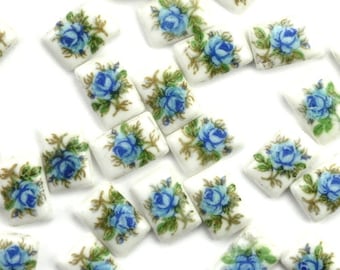 Vintage Japanese Glass Cabochons Floral Rectangle Blue Rose (8) VGC291