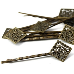 Filigree Bobby Pins 21mm Diamond Pad Antiqued Brass 8 FI551 image 1