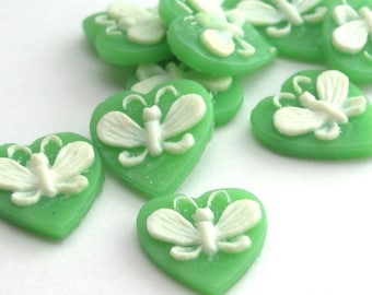 Vintage Small Heart Shape Butterfly Cameos Green and White Cabochons VIC074