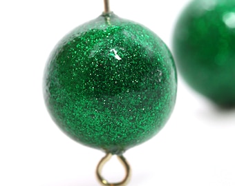 Vintage Lucite Bead 14mm Round Green Glitter Coated Beads Sparkly Shimmer Emerald (10) VPB445