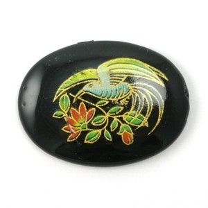 Vintage Japanese Glass Cabochon 40x30 Bird on Black Floral (1) VGC084