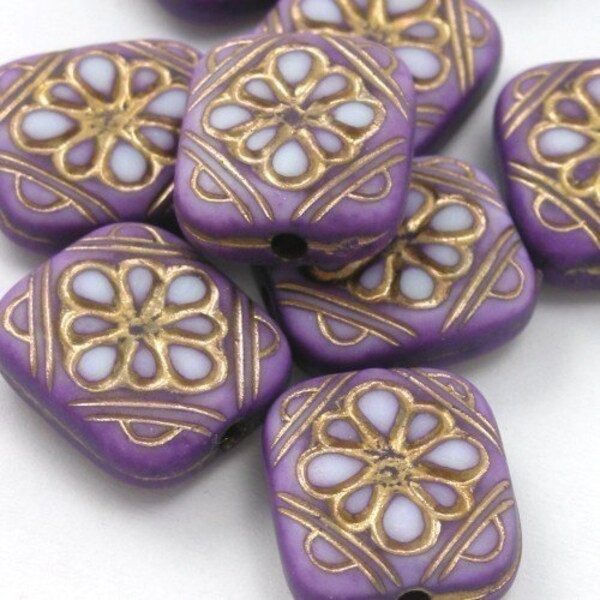 14 Plastic Ornate Flat Rectangle Floral Beads -  Lilac and Gold - PB040
