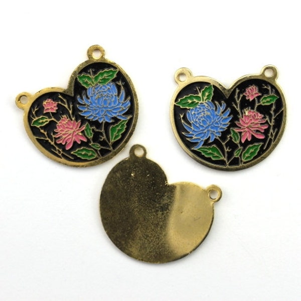 Vintage Enamel Floral Charm Pendant Gold Plated Black Style 6 (2) VCP095