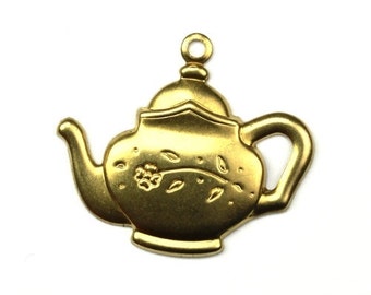Charms Floral Tea Pot Stamping Raw Brass Pendant (6) CP126