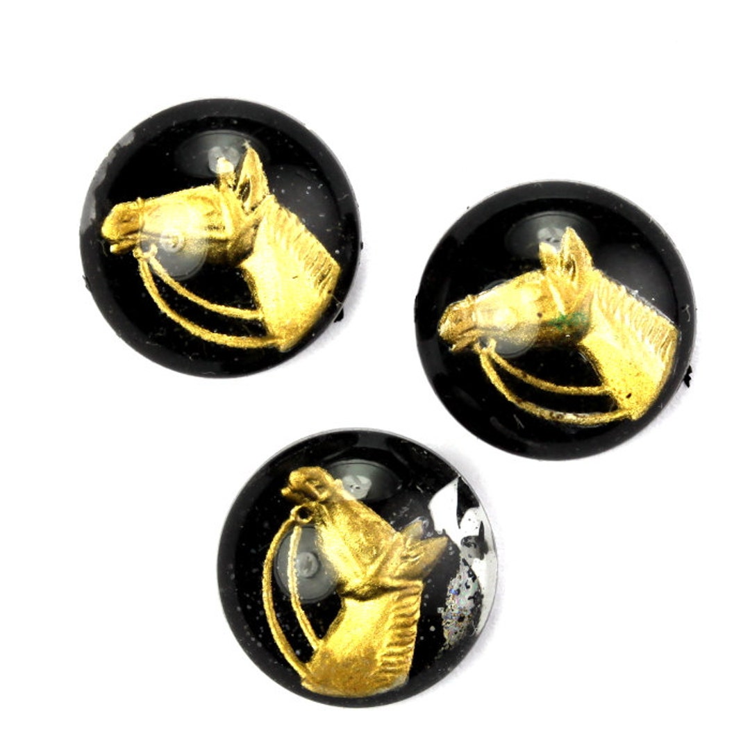 ヴィンテージガラスカボションインタリオ13mm馬乗馬ゴールドブラック