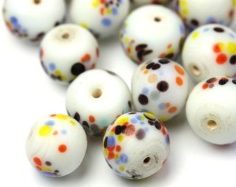 Vintage Glass Beads Speckled Multicolor White Beads 11mm Colorful Spots  (8) VGB098