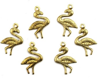 Flamingo Bird Charms Left and Right Small Raw Brass Pendant (8) CP223