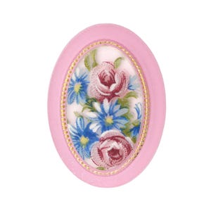 Vintage Floral Cabochons 25x18mm Rose Pink Flower Plastic Cameo Matte Crystal Gold German (1) VIC477