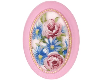 Vintage Floral Cabochons 25x18mm Rose Pink Flower Plastic Cameo Matte Crystal Gold German (1) VIC477
