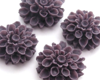 4 Dahlia Flower Plastic Cabochons - Dark Gray Plum  - 18mm PC006