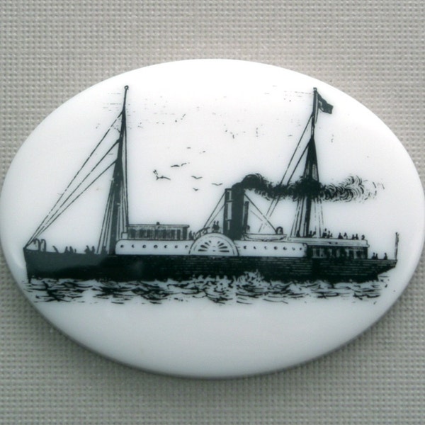 1 Vintage Plastic Ship Cabochon 40x30mm Black and White Flat Back Western Germany VPC004