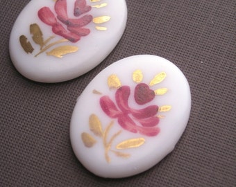 Vintage 18x25mm Hand Painted Flower Cameos Purple and Gold Cabochon VIC032