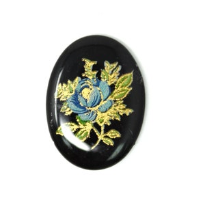 Vintage Cabochons Japanese Glass Floral Decal Rose Flat Back 18x13mm Oval Porcelain Blue on Black (2) VGC484