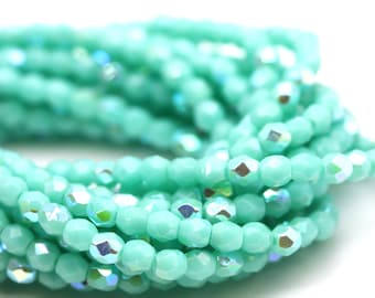 Czech Glass Beads Fire Polished Faceted Rounds 3mm Turquoise AB (50) CZF453
