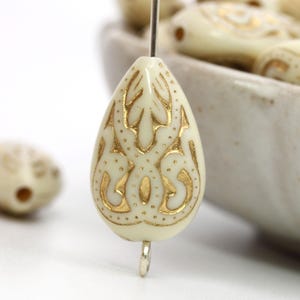 Large Acrylic Teardrop Ivory and Gold Beads Etched Ornate Baroque Vintage Style Flat Drop (20) PB136