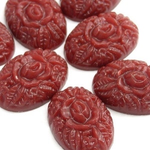 Vintage Floral Cabochons Molded Plastic 14x10mm Burgundy Red (8) VPC137