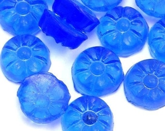 Vintage Glass Flower Cabochons 5mm Sapphire Blue Round Carved Etched Floral (10) VGC098