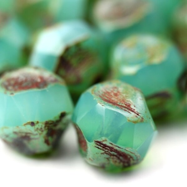 Czech Glass Bead Fire Polished Irregular Round 9mm Milky Turquoise Picasso (12) CZF363
