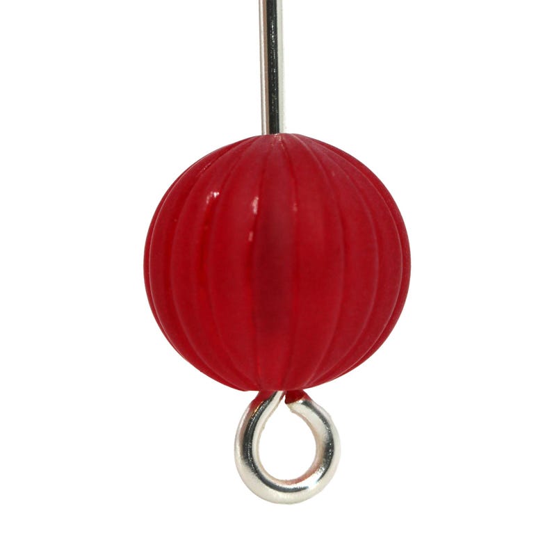 May include: A close-up of a red, ribbed, spherical bead with a silver-colored eye pin. The bead is attached to a silver-colored metal rod. The bead is a vibrant, solid red color.