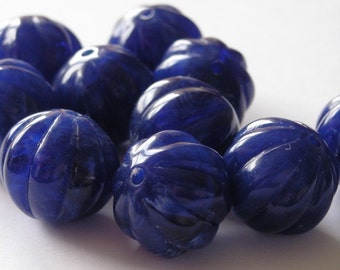 Vintage Plastic Blue Swirled Melon Beads 15mm Round Ribbed Navy VPB068