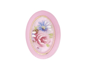 Vintage Floral Cabochons 18x13mm Rose Pink Flower Plastic Cameo Matte Crystal Gold German (1) VIC478