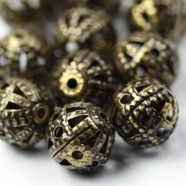 Beads Metal Filigree 6mm Round Antique Brass (10) M018