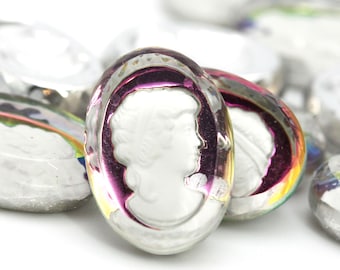 Vintage glazen camee diepdruk 18 x 13 mm cabochon damesprofiel omgekeerd kristal schilderij geslepen (1) VIC455