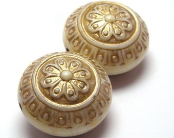 Large Vintage Plastic Etched Flower Beads - Ivory and Gold Puffed Coin VPB115